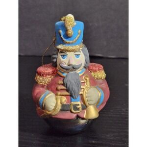 Vintage Nutcracker Ornament Christmas Soldier Ceramic Blue Hat Red Uniform